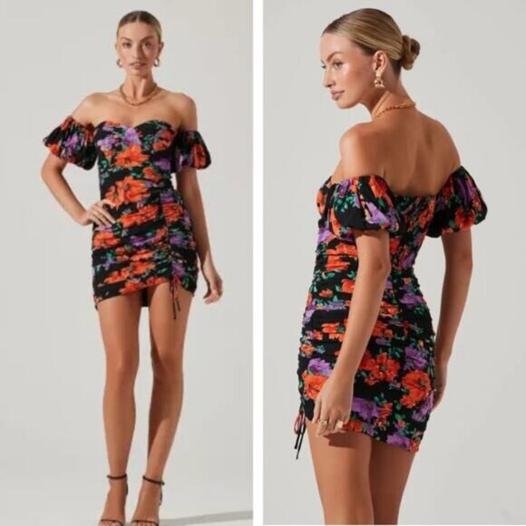 NWT ASTR Off Shoulder Ruched Mini Dress in Black Red Floral Size Medium - Picture 1 of 9
